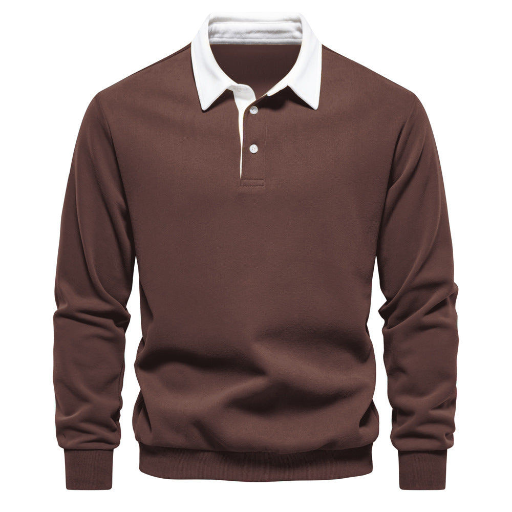 Maglione marrone con colletto bianco, maniche lunghe, stile casual elegante. Perfetto per moda autunnale e invernale.