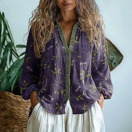 Blusa da Donna con Stampa Foglie e Scollo a V