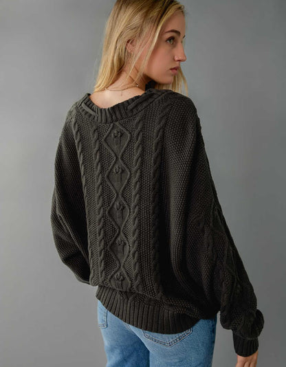 Cardigan da Donna a Treccia con Apertura Frontale e Orlo a Coste