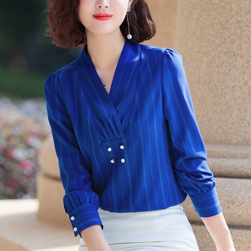 Bluse con Scollo a V in Chiffon Rigato con Fronte Doppiopetto | Ideale per Primavera e Autunno