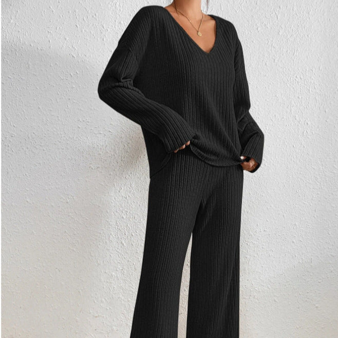 Completo da Casa in Maglia da Donna Due Pezzi con Pantaloni a Vita Elastico e Maglia a Maniche Lunghe