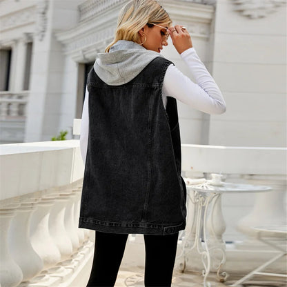 Gilet in Jeans da Donna con Cappuccio e Tasche Utility