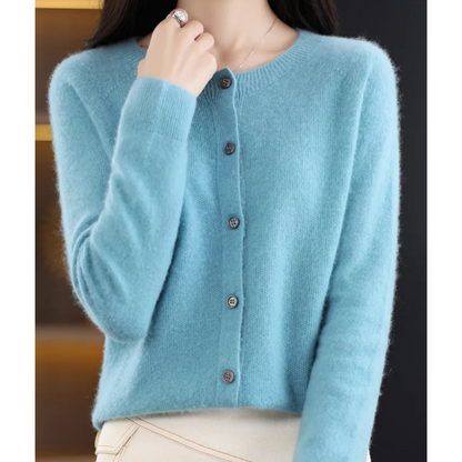 Cardigan donna azzurro in cashmere, maniche lunghe, bottoni frontali, stile elegante e casual. Maglione morbido e caldo per l'inverno.