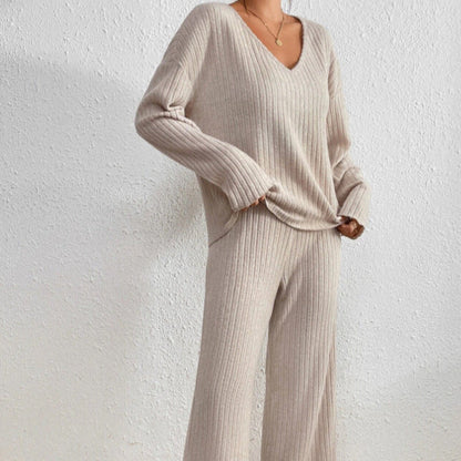 Completo da Casa in Maglia da Donna Due Pezzi con Pantaloni a Vita Elastico e Maglia a Maniche Lunghe