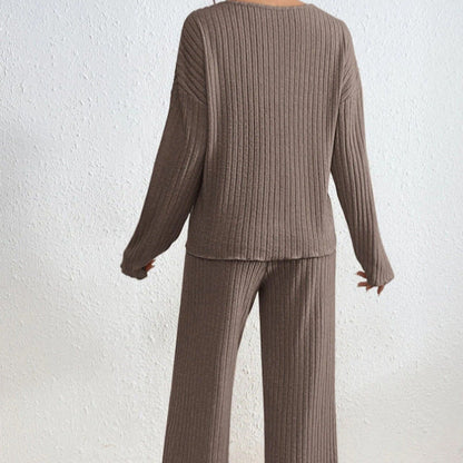 Completo da Casa in Maglia da Donna Due Pezzi con Pantaloni a Vita Elastico e Maglia a Maniche Lunghe