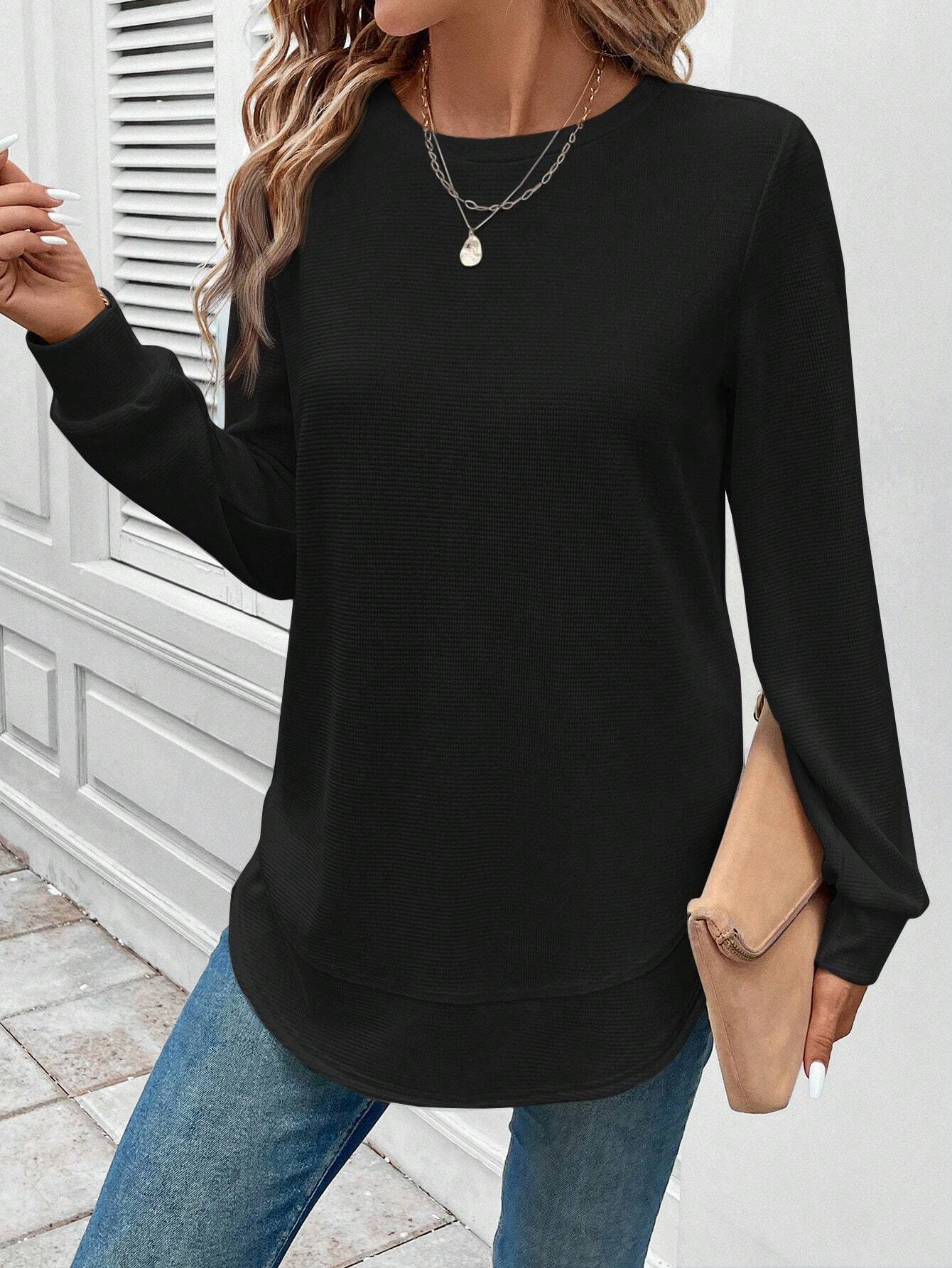 Top a maniche lunghe con scollo rotondo e colore solido per Abbigliamento quotidiano