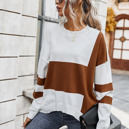 Maglione Pullover da Donna con Cuciture a Blocchi di Colore, Scollo Rotondo e Maniche Lunghe