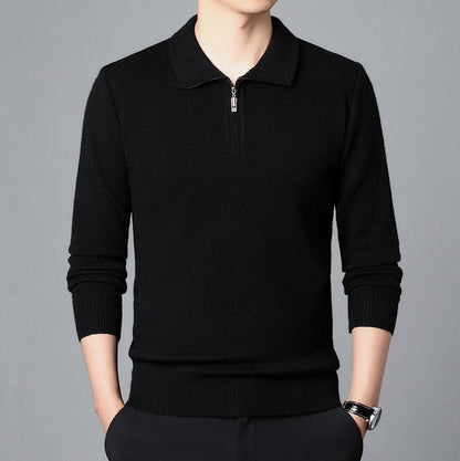 Maglione nero uomo con zip, maniche lunghe, colletto classico, stile elegante e moderno, perfetto per moda autunno-inverno.