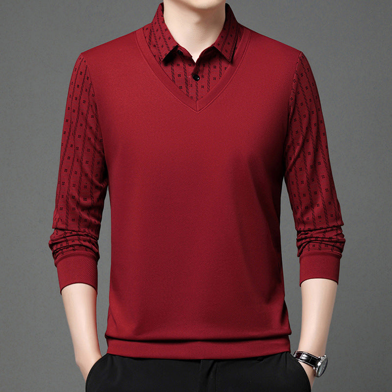 Maglione uomo rosso elegante con colletto a camicia, maniche lunghe, motivo a pois, stile casual chic, moda autunno inverno.