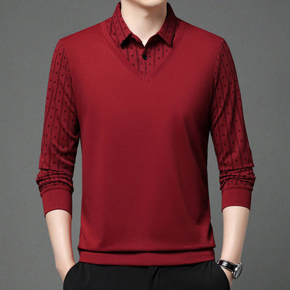 Maglione uomo rosso elegante con colletto a camicia, maniche lunghe, motivo a pois, stile casual chic, moda autunno inverno.