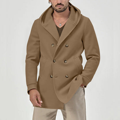 Men's Long Winter Windproof Coat with Hood, Lapel, and Double-Breasted Closure