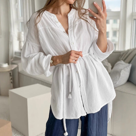 Women's White Long Sleeve Shirt with Mandarin Collar and Waist Belt