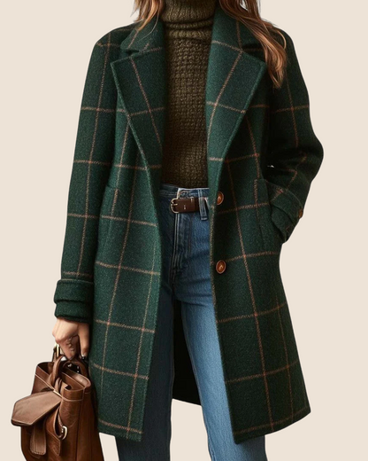 Abrigo de mujer invernal con estampado de cuadros, cintura entallada y cuello alto