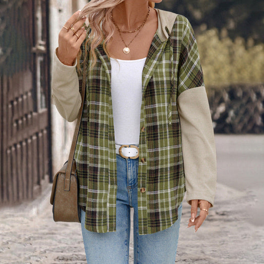 Women's Long Sleeve Green Plaid Shirt with Regular Sleeves and Loose Fit