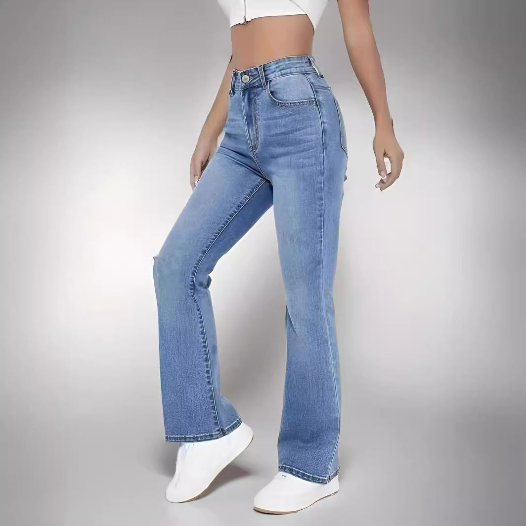 Jeans de mujer en denim elástico de talle alto, ajuste slim de pierna recta