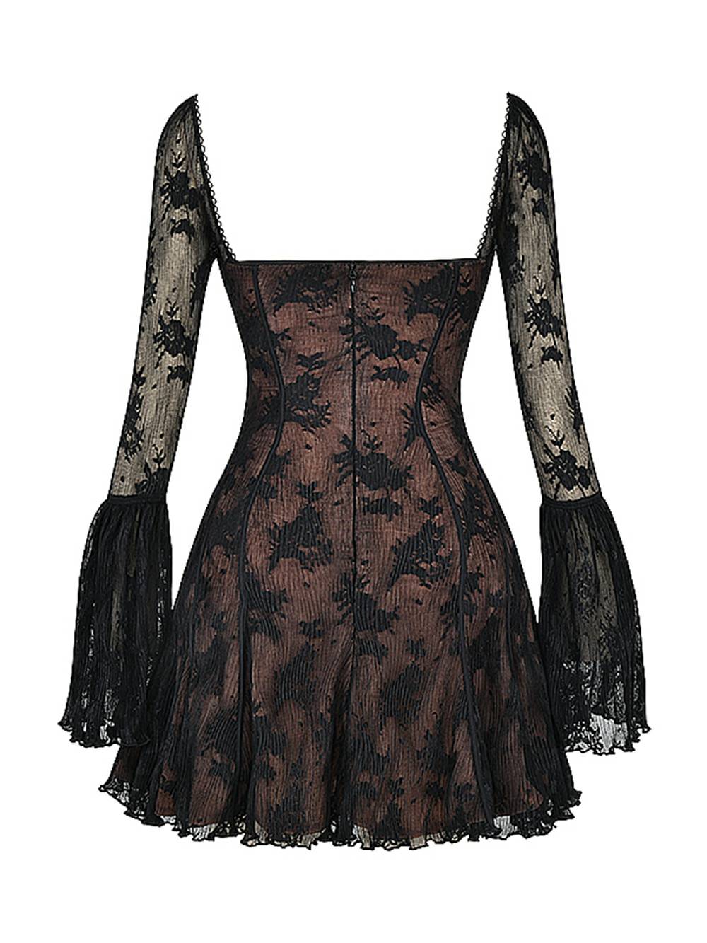 Abito corto in pizzo nero con maniche lunghe svasate, design floreale, scollo quadrato. Elegante vestito da sera, moda donna.