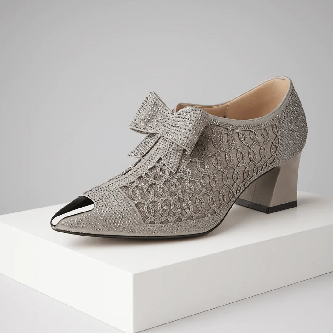 Décolleté Donna con Fiocco e Strass, Punta e Tacco a Blocco 6cm