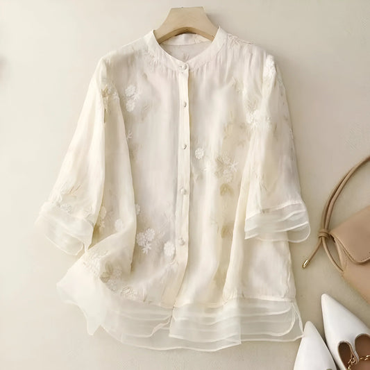 Top in Cotone con Bordo Floreale e Scollo Relaxato Ideale per Primavera