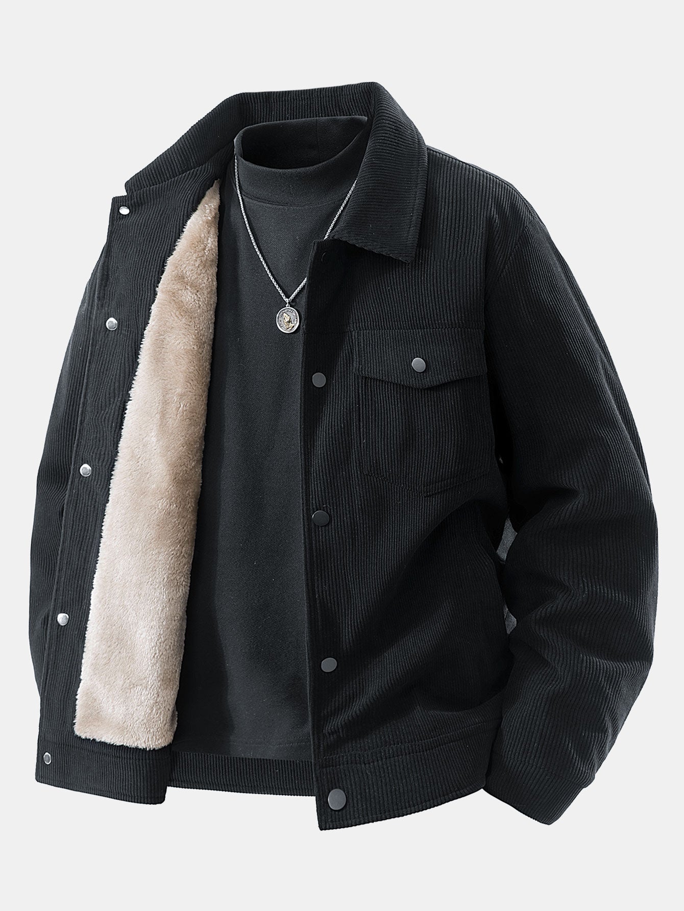 Giacca da Uomo Autunnale con Fodera in Pelliccia Sintetica e Chiusura a Bottoni a Scatto