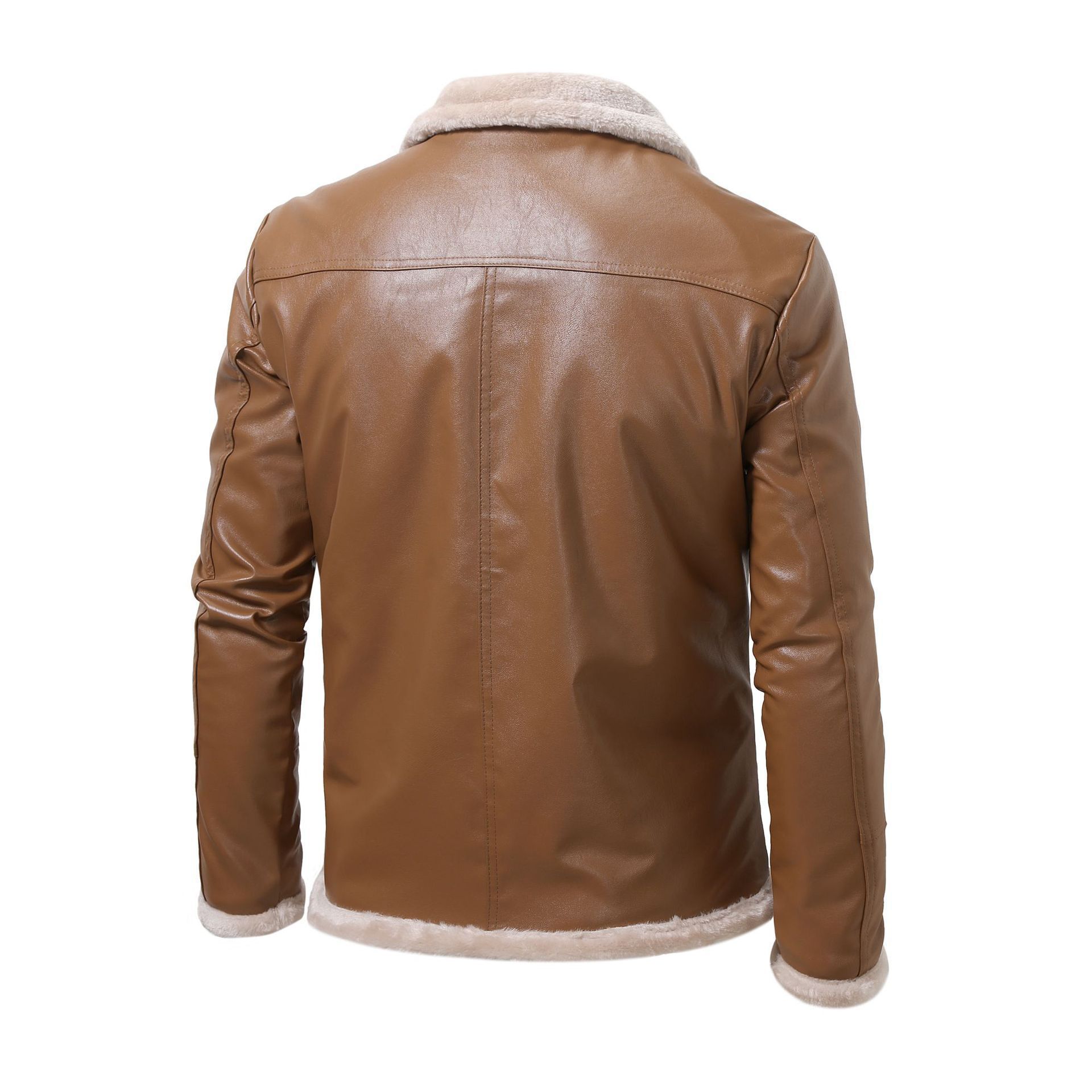 Giacca in pelle marrone da uomo con colletto e polsini in pelliccia sintetica, vista posteriore. Moda invernale, abbigliamento casual elegante.