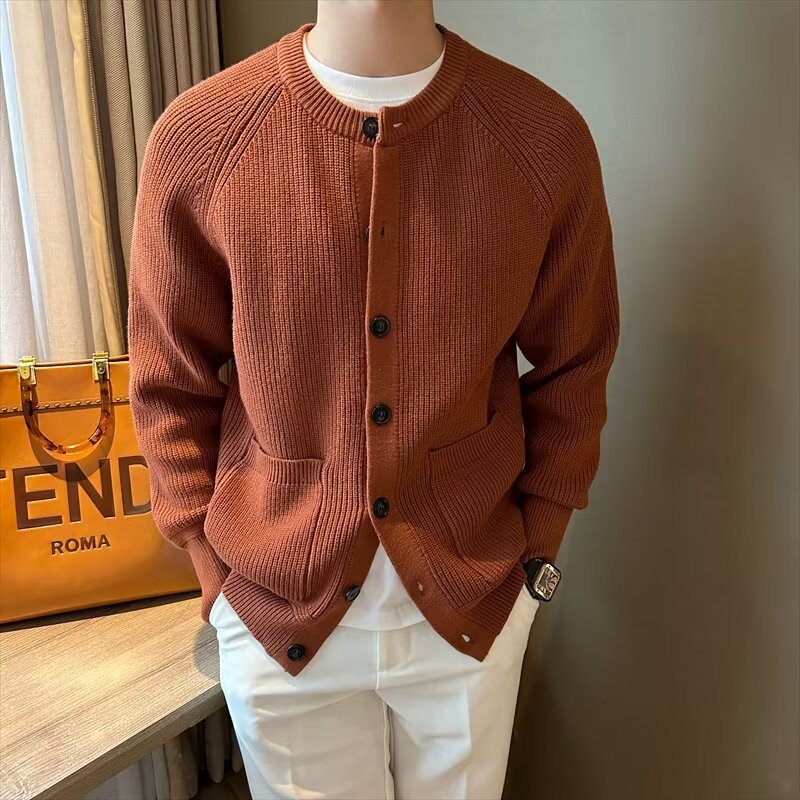Cappotto Cardigan in Maglia da Uomo con Scollo Rotondo e Maniche Lunghe
