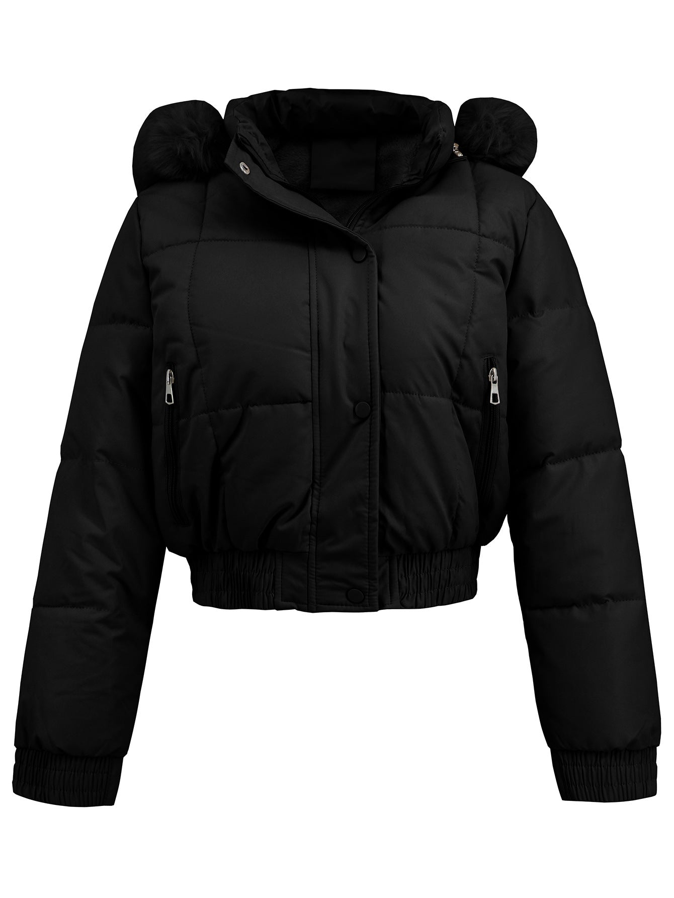 Giacca invernale nera imbottita con cappuccio, chiusura a bottoni, tasche con zip, design corto. Moda donna, abbigliamento caldo, stile casual.