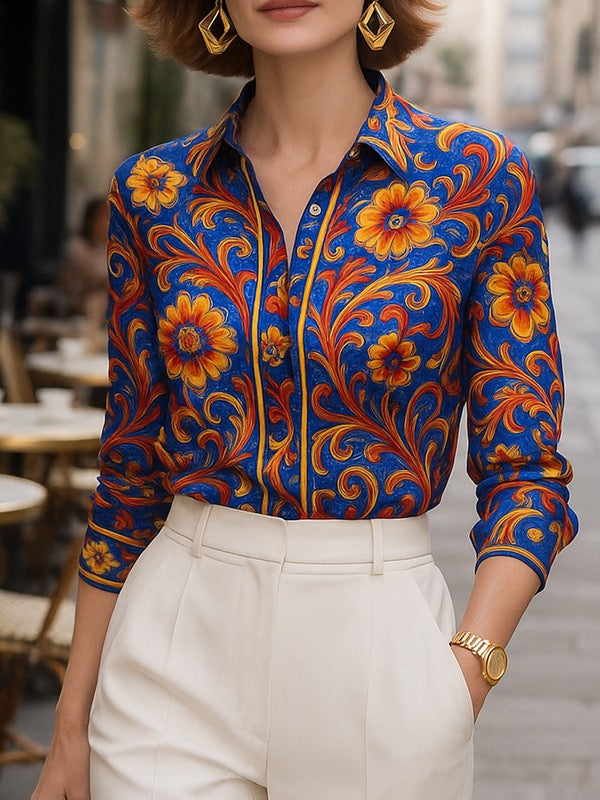 Blusa da Donna Primaverile con Stampa Floreale, Colletto e Chiusura a Bottoni