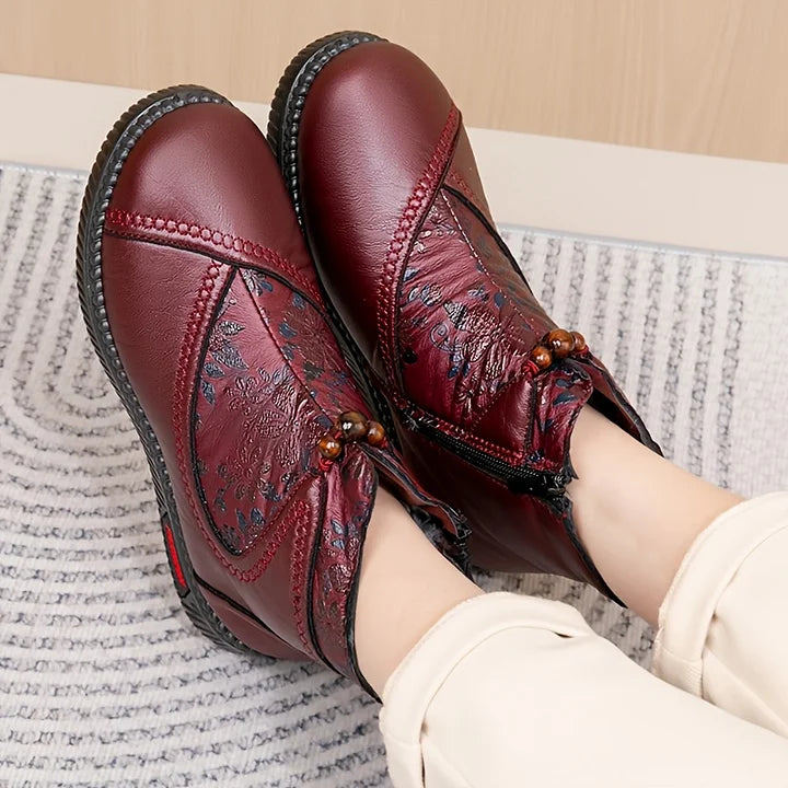 Women's Ankle Boots with Embossed Floral Pattern and Side Zip