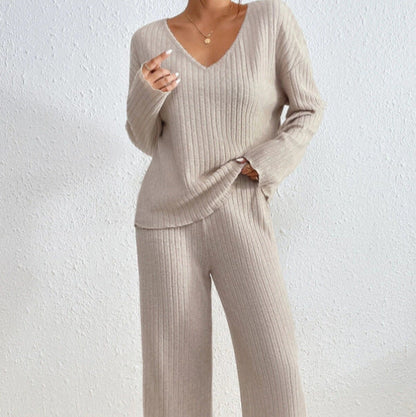 Completo da Casa in Maglia da Donna Due Pezzi con Pantaloni a Vita Elastico e Maglia a Maniche Lunghe