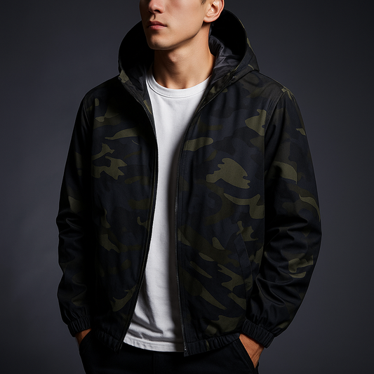 Giacca Leggera da Uomo con Stampa Camo, Chiusura Full Zip, Cappuccio e Tasche Laterali
