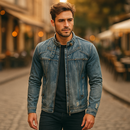 Giacca Uomo Denim Collo Alto Ferramenta Ottone Cuciture Rinforzate