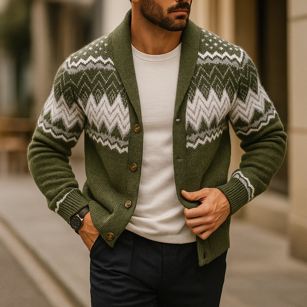 Cardigan Uomo con Collo a Sciarpa, Lavorazione a Maglia Fantasia e Chiusura con Bottoni