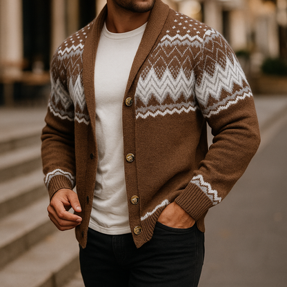 Cardigan Uomo con Collo a Sciarpa, Lavorazione a Maglia Fantasia e Chiusura con Bottoni