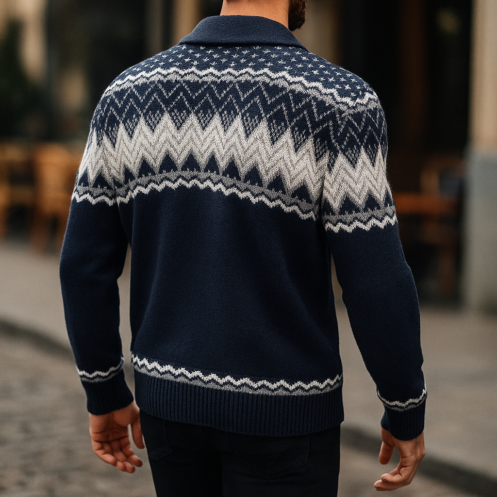 Cardigan Uomo con Collo a Sciarpa, Lavorazione a Maglia Fantasia e Chiusura con Bottoni