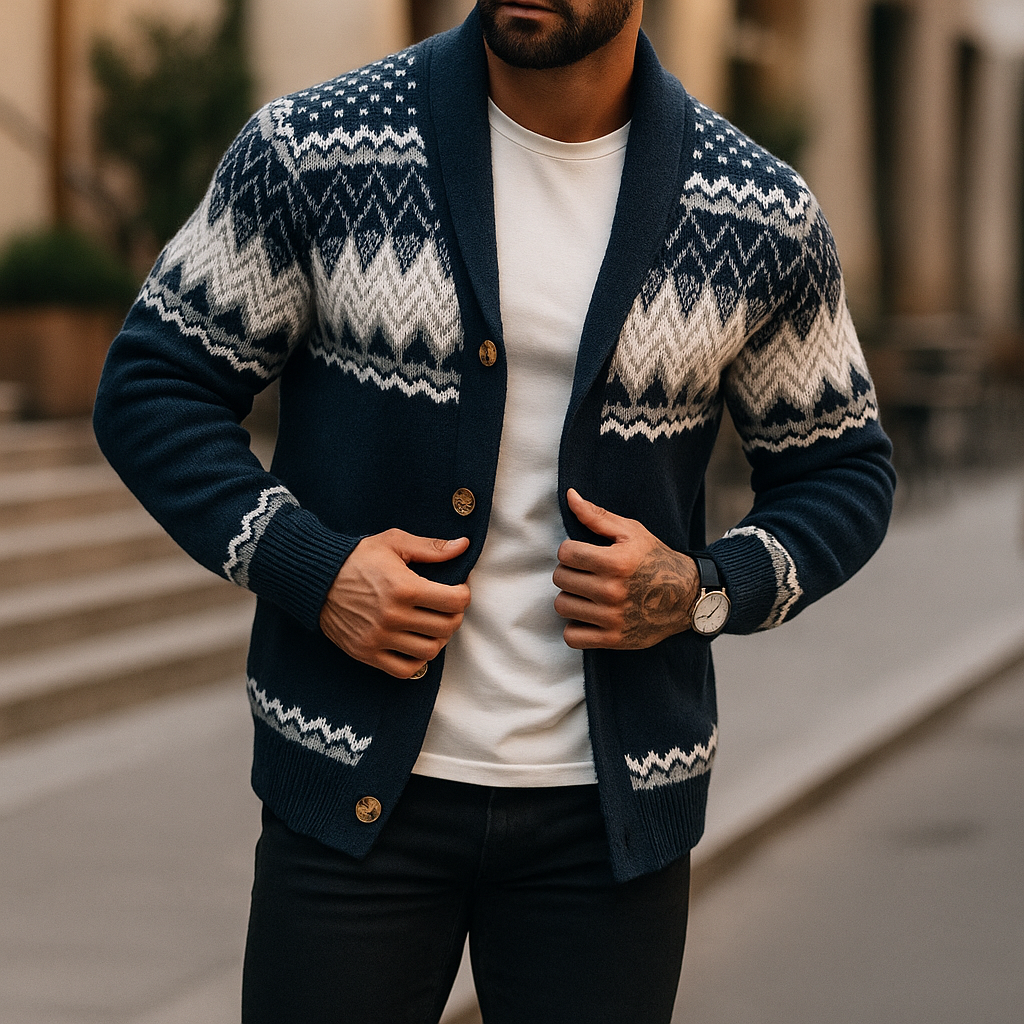 Cardigan Uomo con Collo a Sciarpa, Lavorazione a Maglia Fantasia e Chiusura con Bottoni