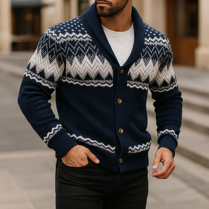 Cardigan Uomo con Collo a Sciarpa, Lavorazione a Maglia Fantasia e Chiusura con Bottoni