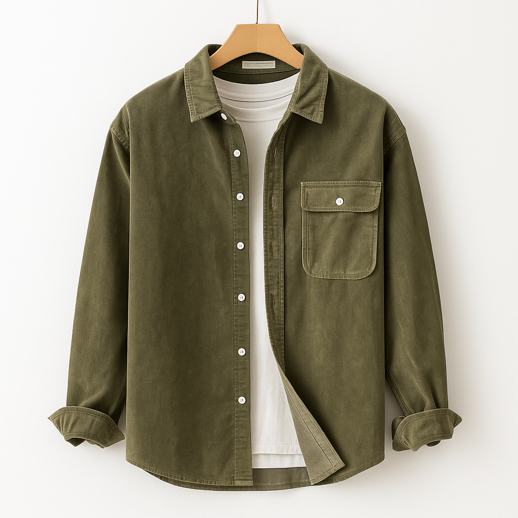 Camicia da Uomo in Velluto a Coste a Manica Lunga con Taschino