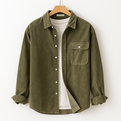 Camicia da Uomo in Velluto a Coste a Manica Lunga con Taschino