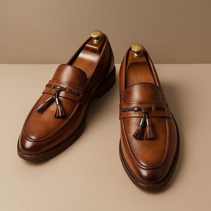 Mocassini da Uomo Tomaia Lucidata Fascia Intrecciata con Nappine Suola Cucita