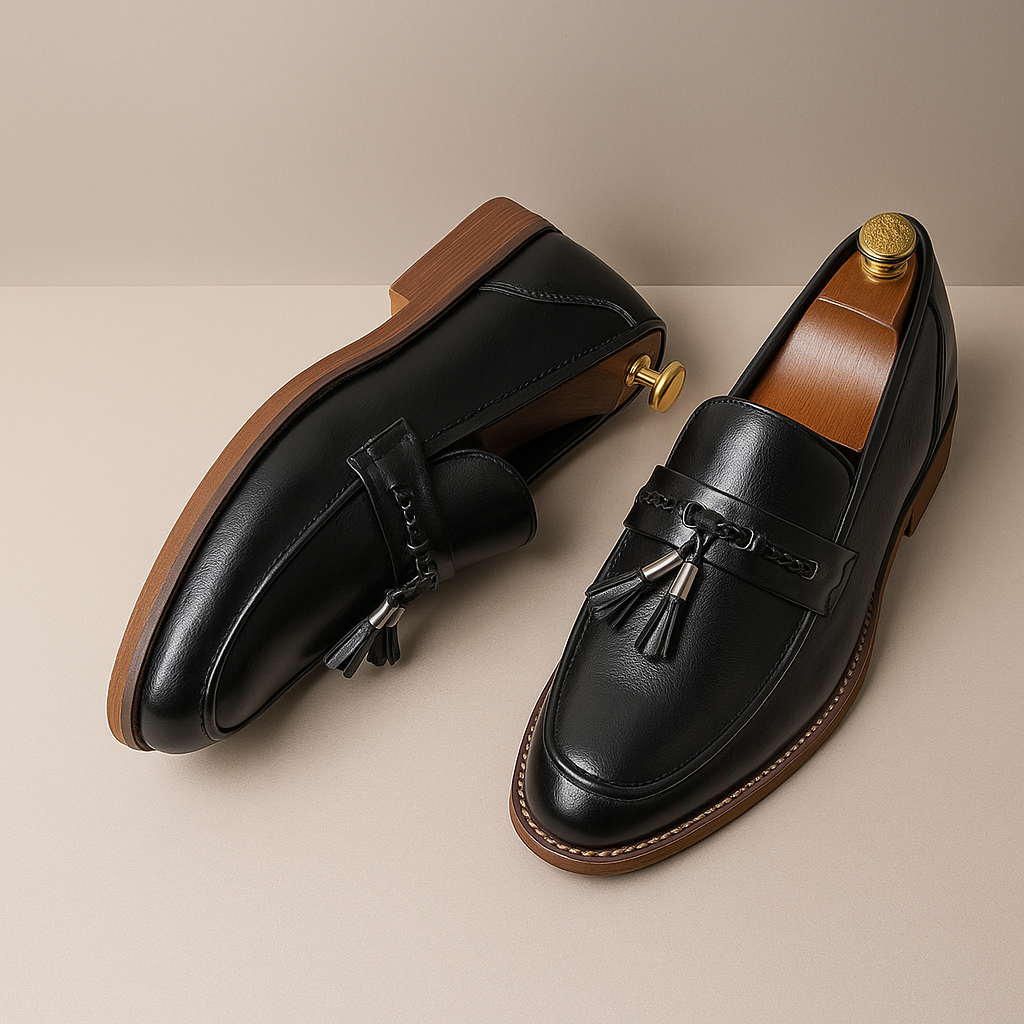 Mocassini da Uomo Tomaia Lucidata Fascia Intrecciata con Nappine Suola Cucita