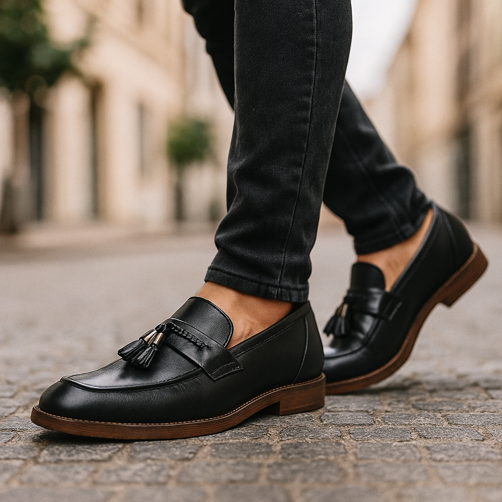 Mocassini da Uomo Tomaia Lucidata Fascia Intrecciata con Nappine Suola Cucita