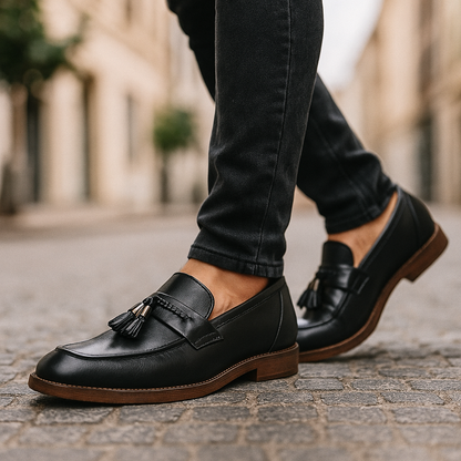 Mocassini da Uomo Tomaia Lucidata Fascia Intrecciata con Nappine Suola Cucita