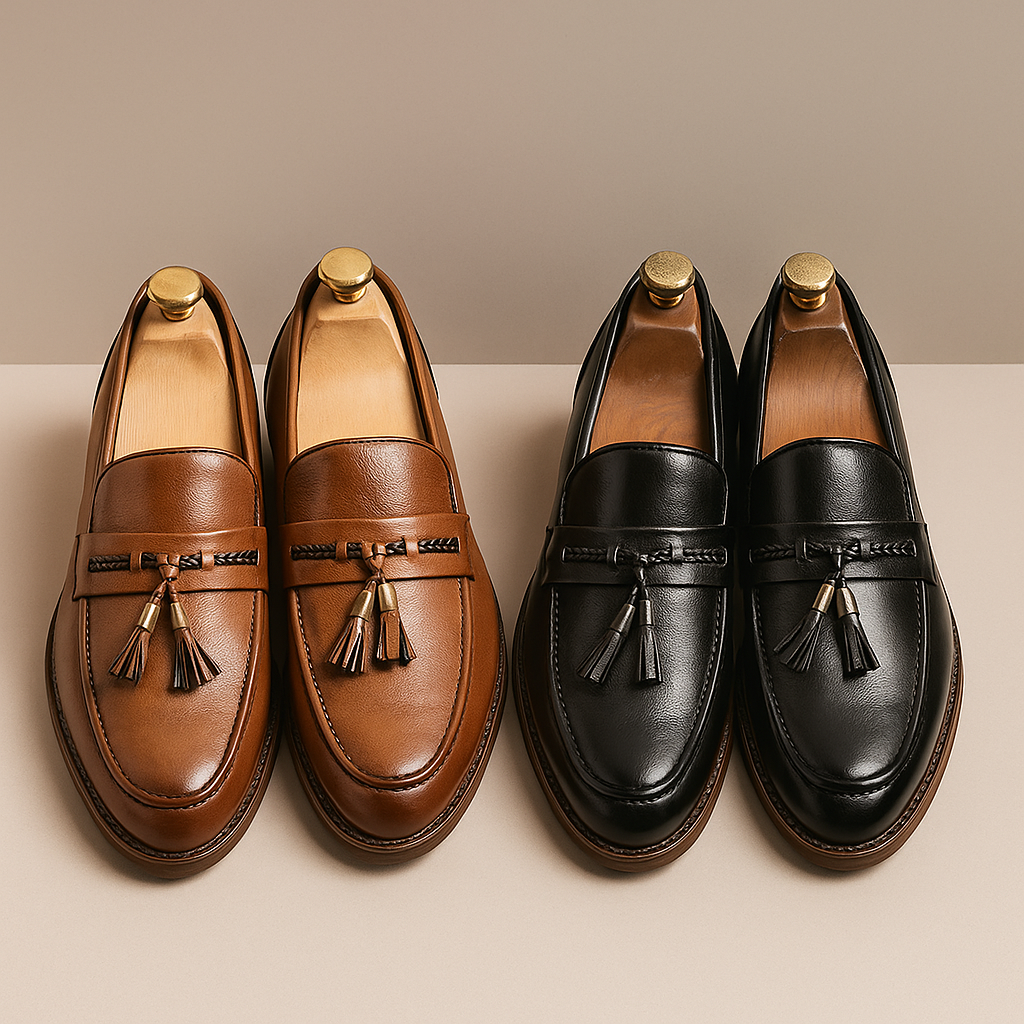 Mocassini da Uomo Tomaia Lucidata Fascia Intrecciata con Nappine Suola Cucita