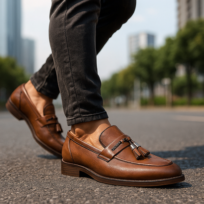 Mocassini da Uomo Tomaia Lucidata Fascia Intrecciata con Nappine Suola Cucita