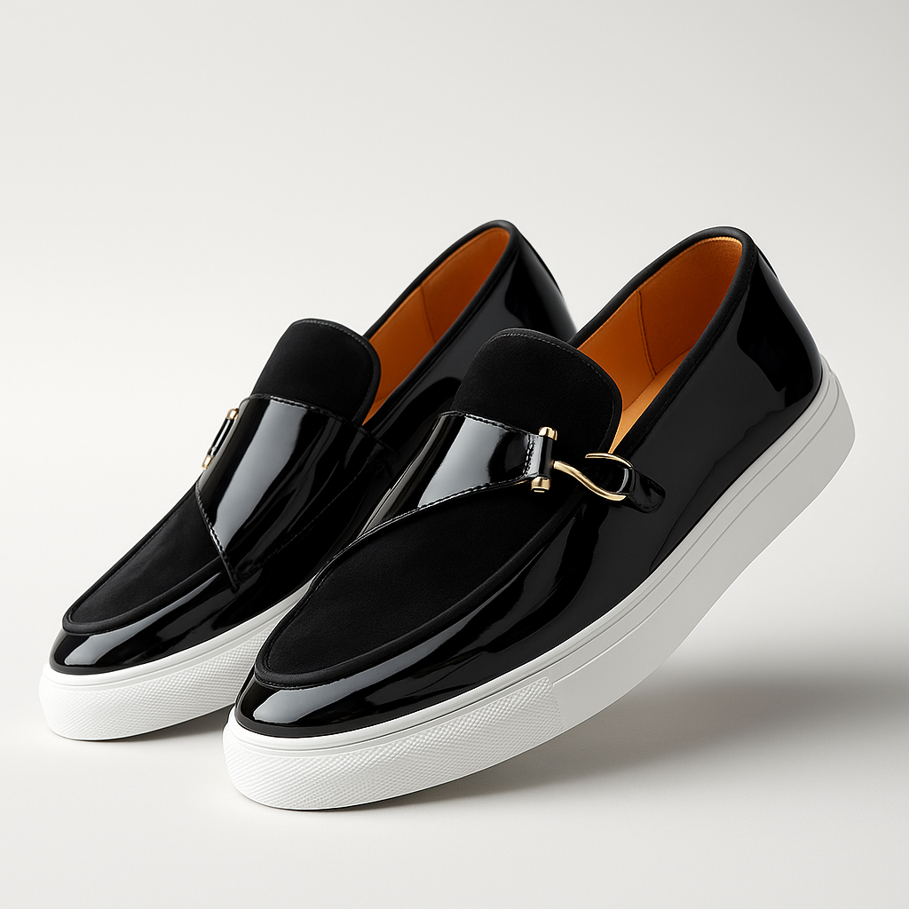 Mocassini da Uomo Doppia Texture Lucida e Camoscio Slip On Dettaglio Oro