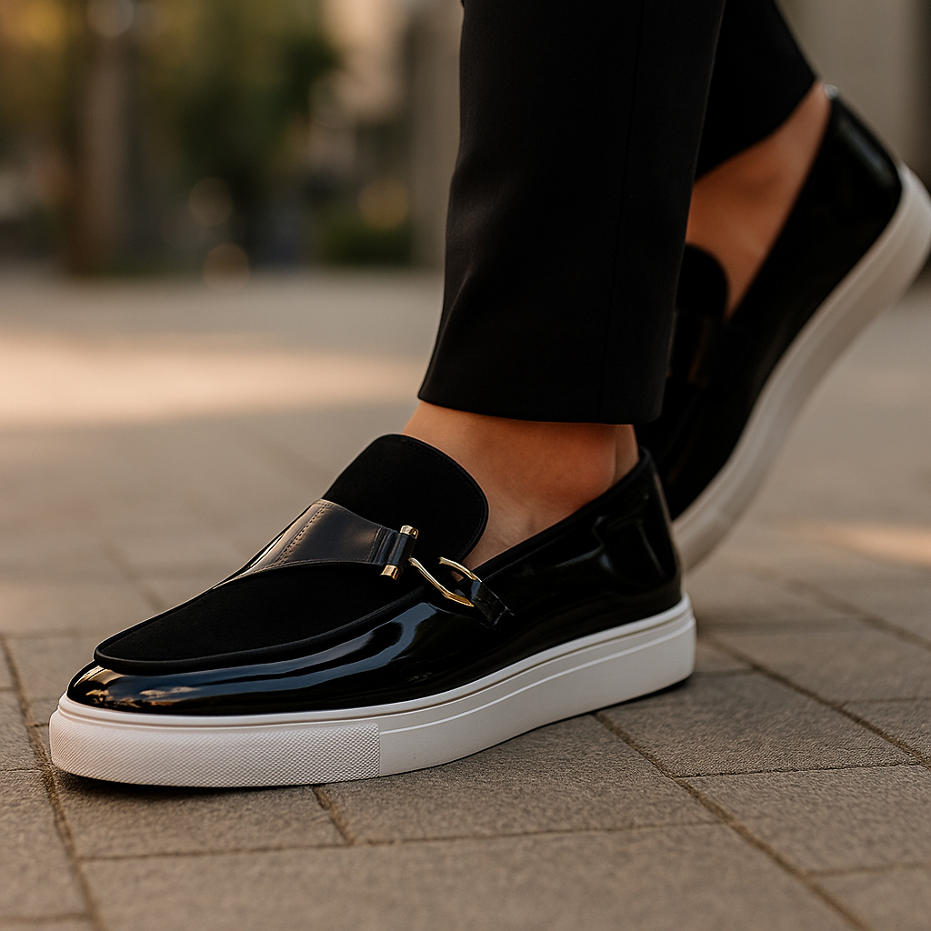 Mocassini da Uomo Doppia Texture Lucida e Camoscio Slip On Dettaglio Oro