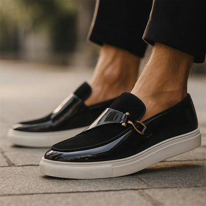 Mocassini da Uomo Doppia Texture Lucida e Camoscio Slip On Dettaglio Oro