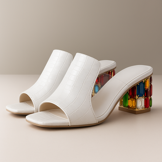 Sandali da Donna Tacco a Blocco Effetto Cocco Dettaglio Gioiello