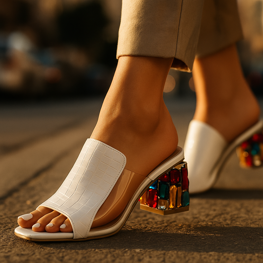 Sandali da Donna Tacco a Blocco Effetto Cocco Dettaglio Gioiello