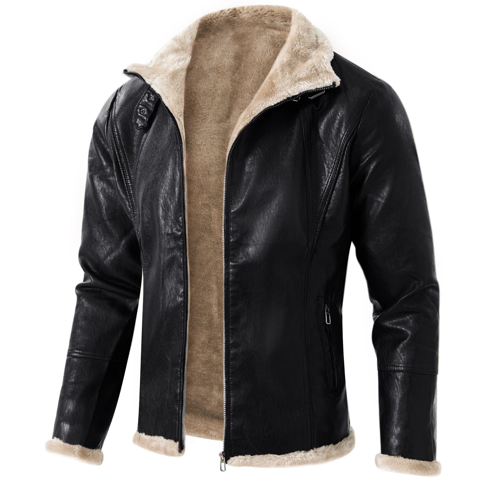 Giacca in pelle nera con fodera in pelliccia beige, zip frontale, colletto rialzato. Moda uomo, abbigliamento invernale, stile casual elegante.